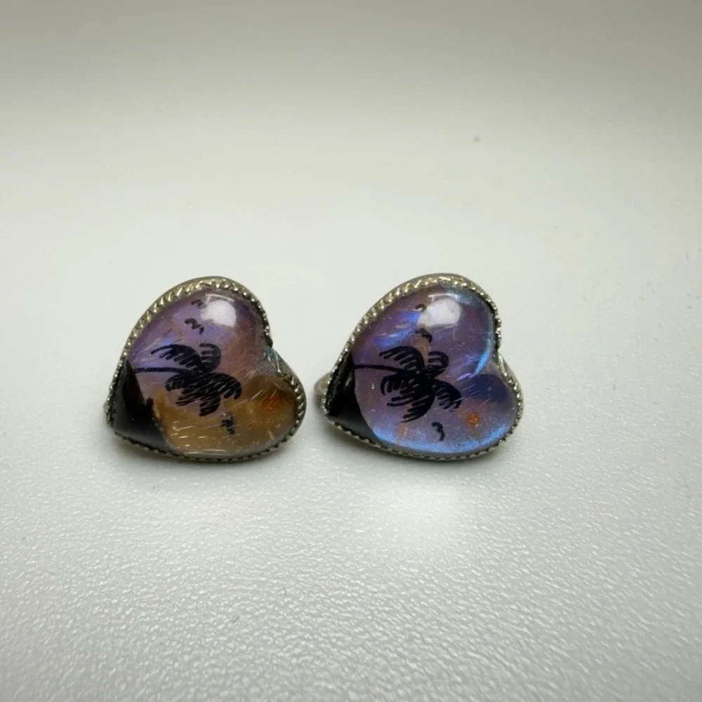 Vintage Sterling Silver Morpho Butterfly Wing Heart Screw Back Earring Palm Tree